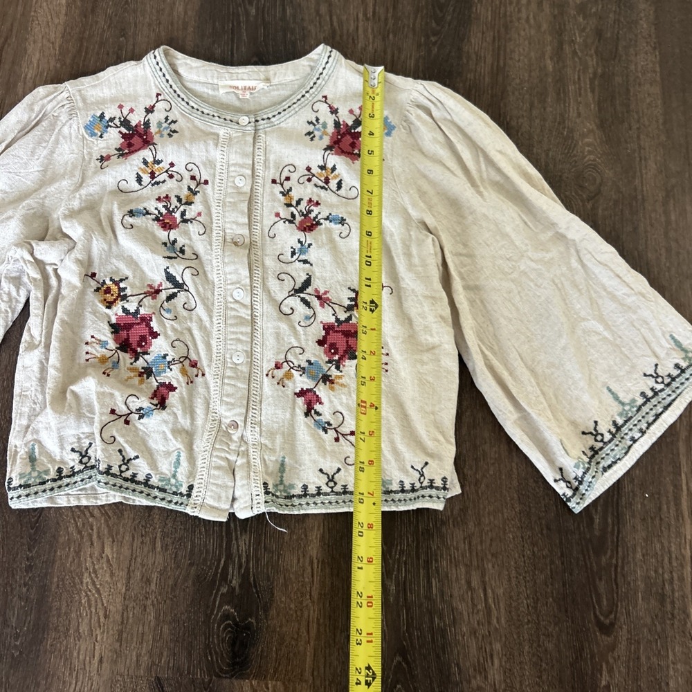SOLITAIRE Needlepoint Floral Shirt Cropped Linen Blend Bell Sleeve Button Up M - Picture 5 of 8